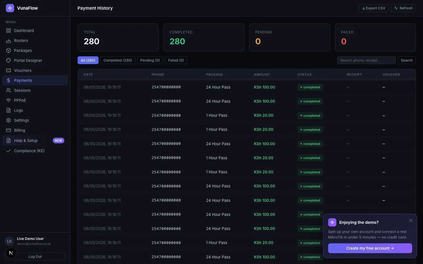 Payments dashboard