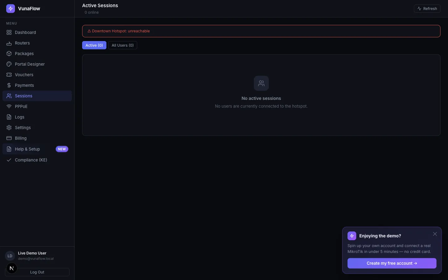 Sessions page